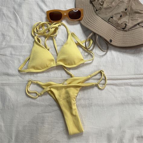 F021 Zaful Ribbed Scrunch Butt String Thong Bikini Small Yellow