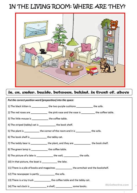 practice  prepositions  place english esl worksheets