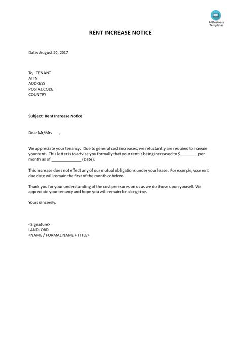 sample  rent increase letter    letter template collection