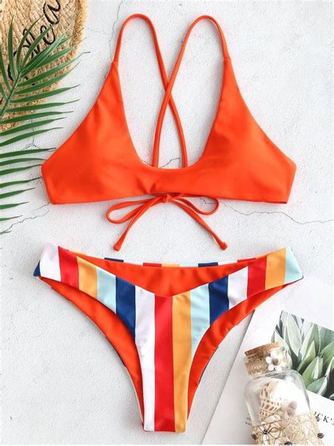 [24 Off] 2021 Zaful Bold Striped Tie Back Scoop Bikini Set In Bright