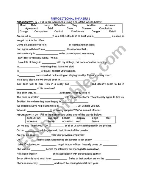 prepositional phrases  esl worksheet  teacherarg