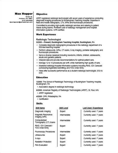 sample resume   radiologic technologist shows