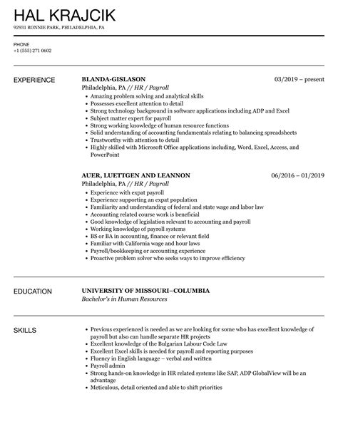 hr payroll resume samples velvet jobs