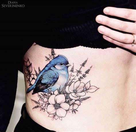 Lovely Blue Bird Floral Tattoo Design Idea Inspiration