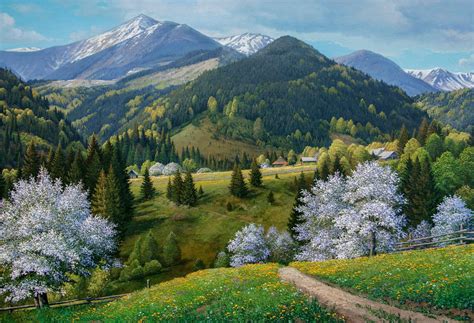 large oil painting    spring mountainscarpathian forest