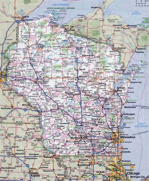 laminated map large detailed roads  highways map  wisconsin