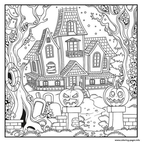 halloween haunted house  pumpkins  scary stuffs coloring page