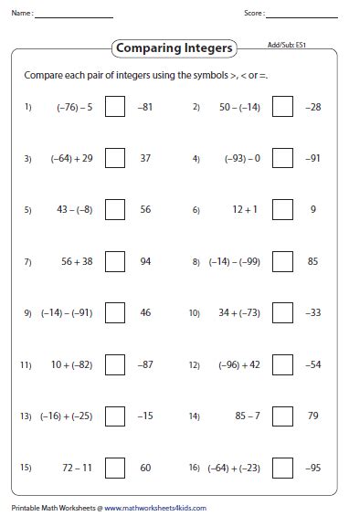 operations  integers worksheets