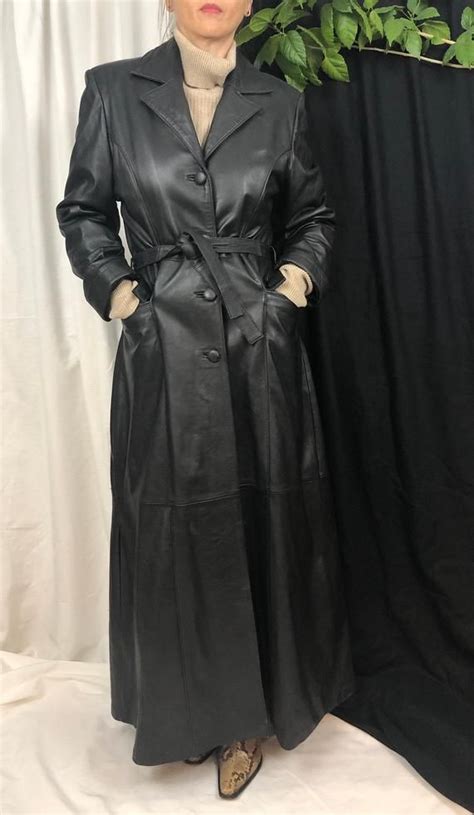 Vintage Black Leather Coat For Women Size S Long Black Black Leather