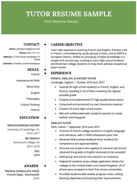 tutor resume template  clean  simple design