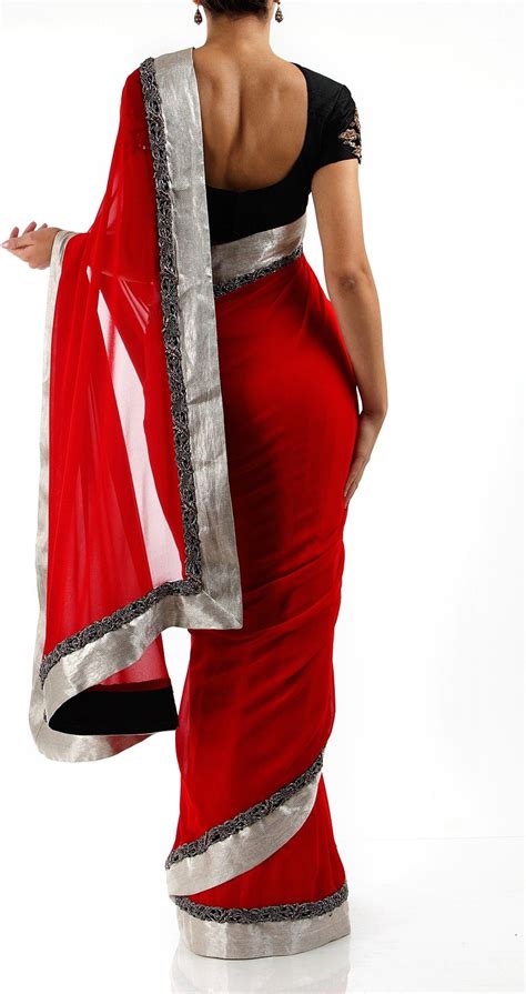 Anamika Khanna Red Saree With Silver Border Fashion Clothes Women
