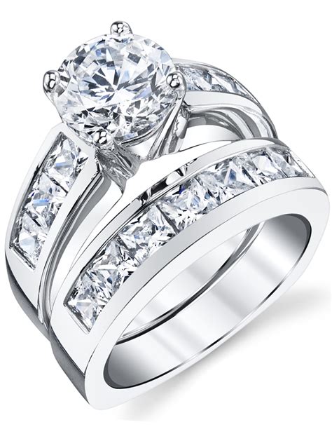 womens sterling silver bridal set ct engagement wedding ring  princess cut cubic