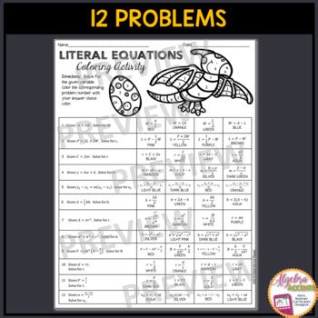 writing literal equations coloring activity  algebra accents tpt