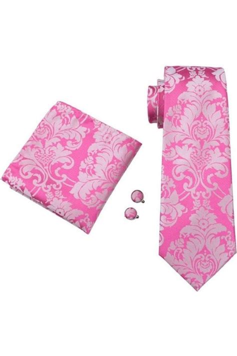pink floral paisley silk neck tie pocket square and cufflink set