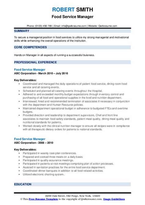 food service manager resume samples qwikresume