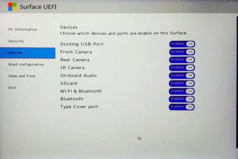 configure surface  uefibios settings