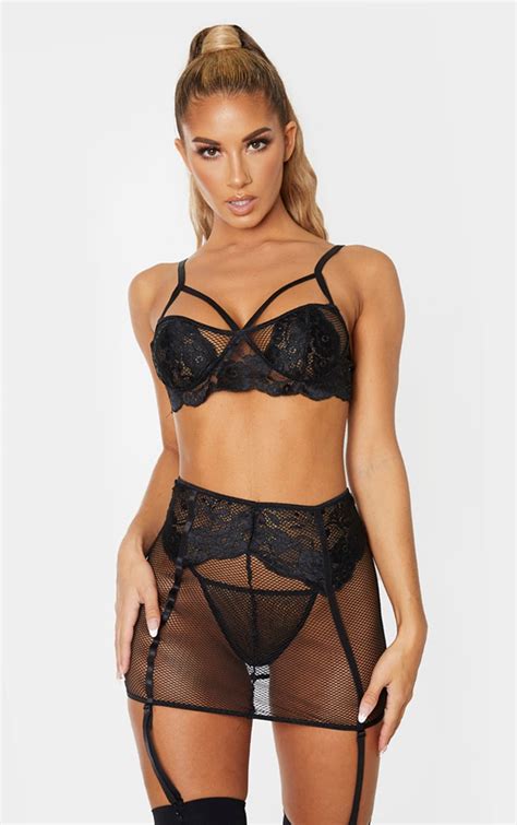 black fishnet  piece lingerie set prettylittlething usa
