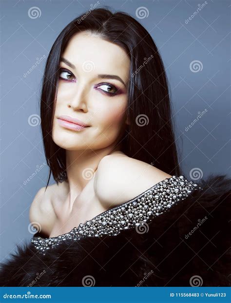 Young Pretty Brunette Woman Fashion Dressed Bright Makeup Eleg Stock