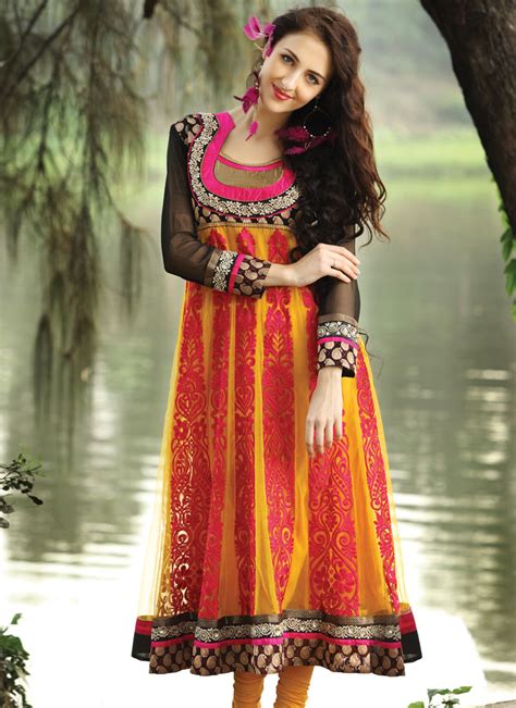 long anarkali suit with yellow net fabric indian women