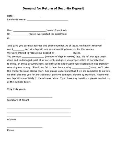 printable demand  return  security deposit letter  form