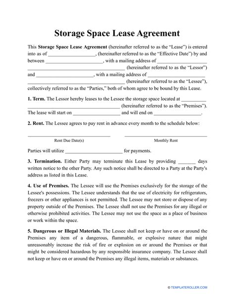 storage space lease agreement template fill  sign