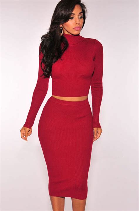 Red Turtleneck Sweater In A Seductive Two Piece Dress