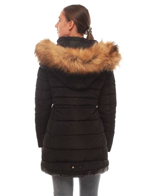 womens puffer parka coat faux fur size 12 8 10 14 16 black mustard