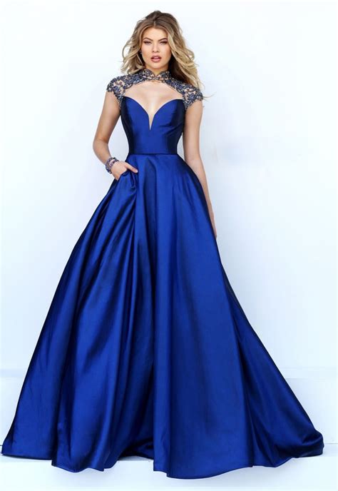 sexy cut out open back royal blue satin beaded prom dress