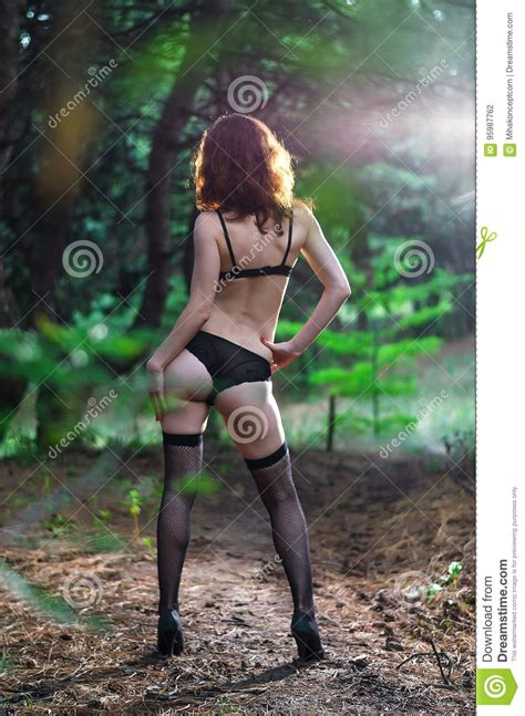 De Sexy Vrouw In Lingerie En De Kousen In Het Bos Mening