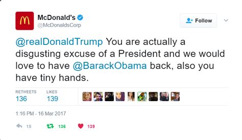 mcdonald s twitter account rips trump you are a disgusting excuse of a president towleroad