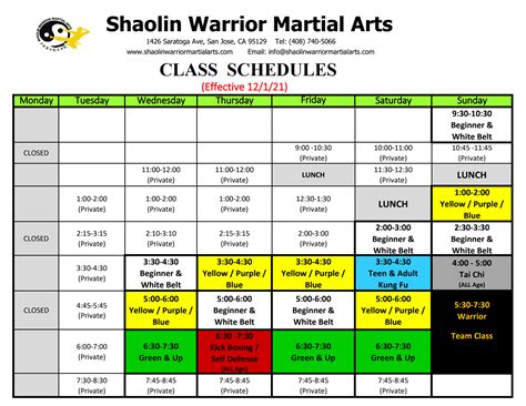 Kung Fu Class Schedule Shaolin Warrior Martial Arts San Jose
