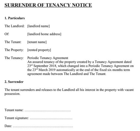 costume surrender of tenancy notice for tenants section