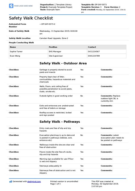 safety walk checklist  editable   safety walkthrough