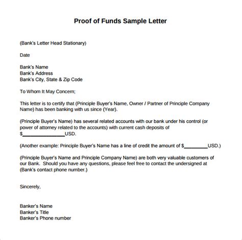 sample proof  funds letter templates   ms word