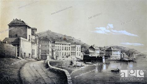 view of pegli genoa drawing from la riviera ligustica 1863 stock