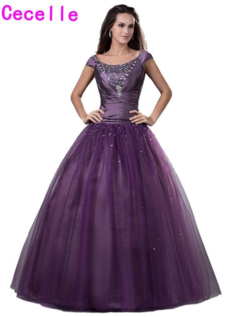 purple ball gown long modest prom dresses 2017 with short sleeves real