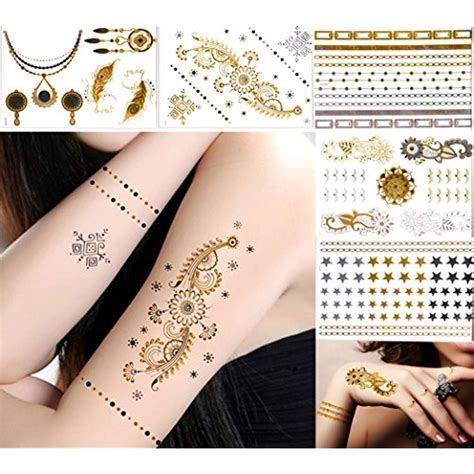 100 metallic temporary tattoos skin body art 5 sheets of gold silver
