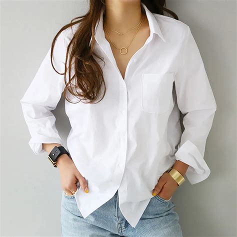 spring  pocket women white shirt female blouse tops long sleeve casual turn  collar