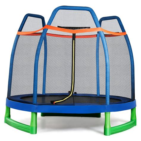 costway  ft kids trampoline wsafety enclosure net spring pad indoor outdoor heavy duty yellow