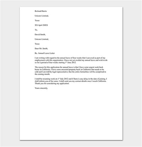vacation leave request letter format samples lettering formal