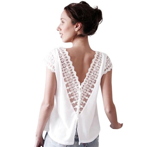 backless lace blouse women short sleeve  button double  neck chiffon shirt summer elegant