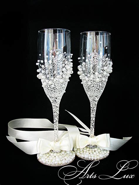 Personalized Wedding Champagne Glasses In Ivory White Hand Etsy