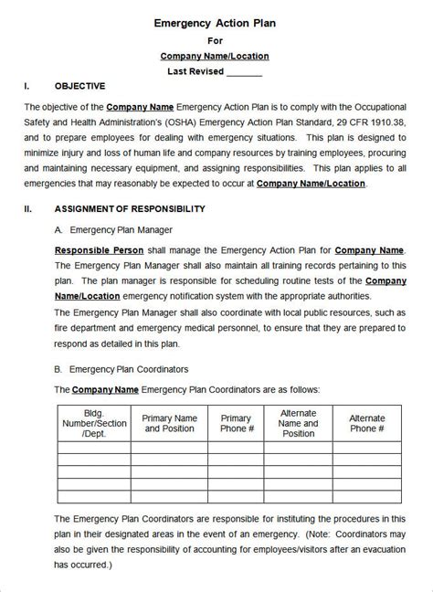 emergency action plan template printable templates