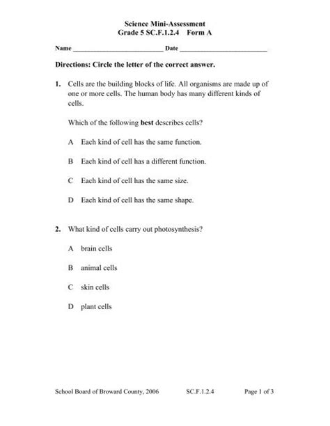 science mini assessment grade  scf form  directions