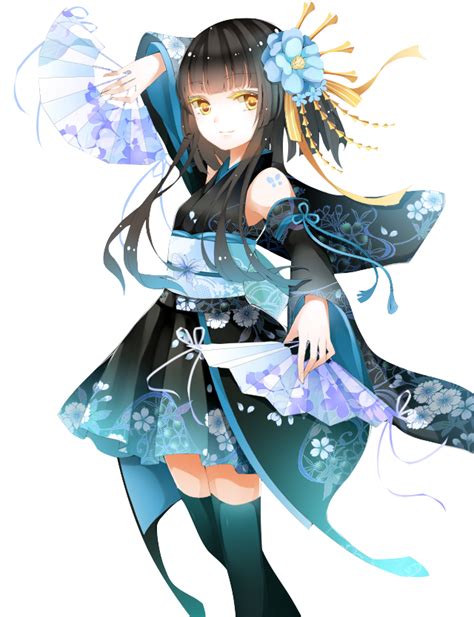 Render Japonaise Bleu éventails Manga Princesse Kimono Animé