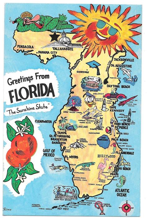 Florida Map Landmarks Cities Vintage Fl Postcard