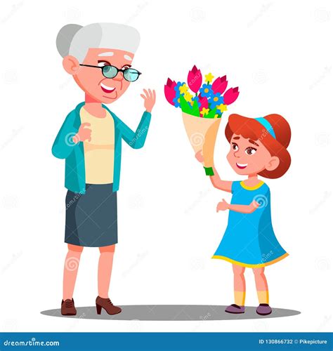 granddaughter giving flowers  grandmother royalty  stock