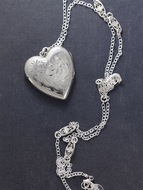 sterling silver heart locket necklace vintage photo pendant  special filigree chain