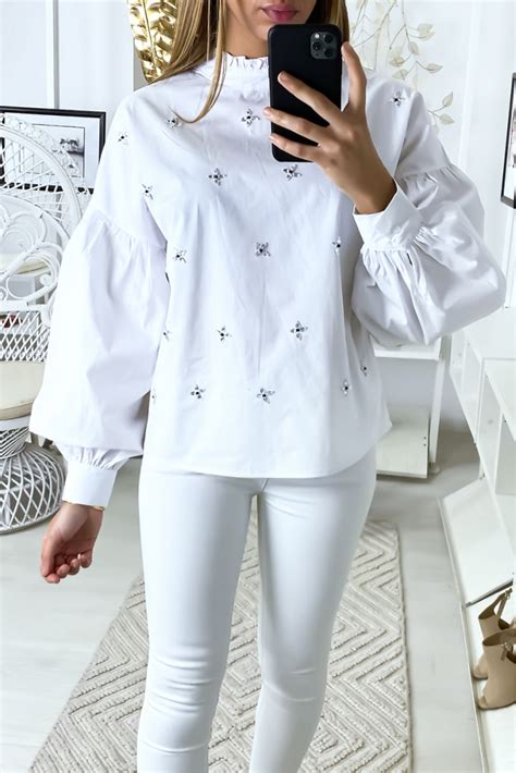 witte blouse pofmouw met strass steentjes