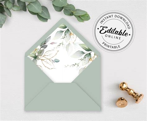 printable greenery  envelope liner template  euro flap etsy uk